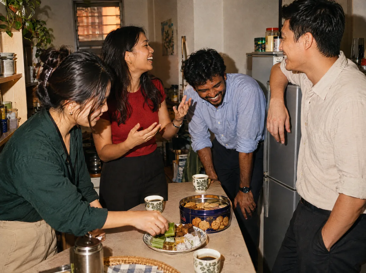 Colleagues laughing over kopi and kueh in a small office pantry