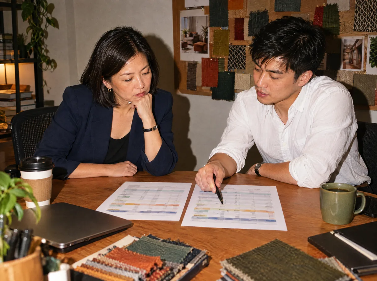A company founder and a benefits adviser comparing two plan summaries at a meeting table