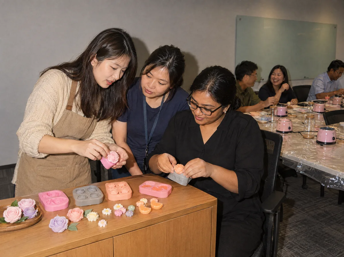 A workshop facilitator showing two employees how to ease a wax rose out of a silicone mould, with colleagues at the table behind