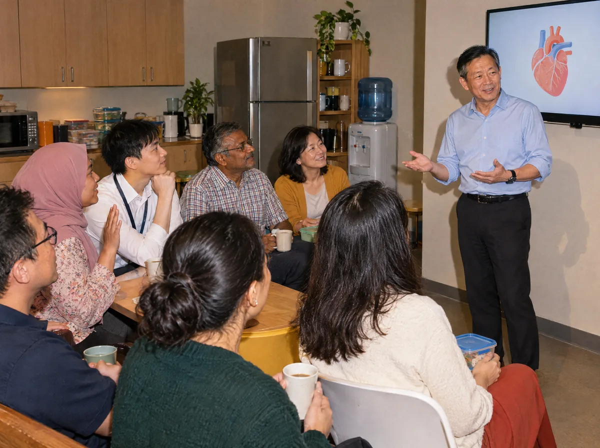 A doctor answering an employee’s question at a lunchtime health talk in the office pantry
