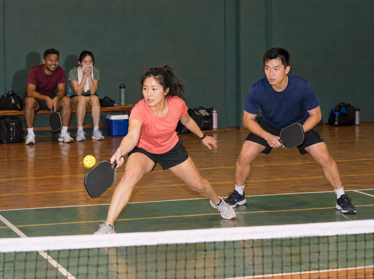Colleagues in sportswear playing an after-work pickleball doubles match while two teammates wait their turn on the bench