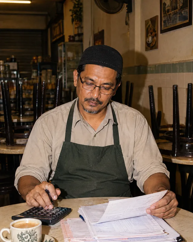 A cafe owner doing his paperwork at a corner table after closing