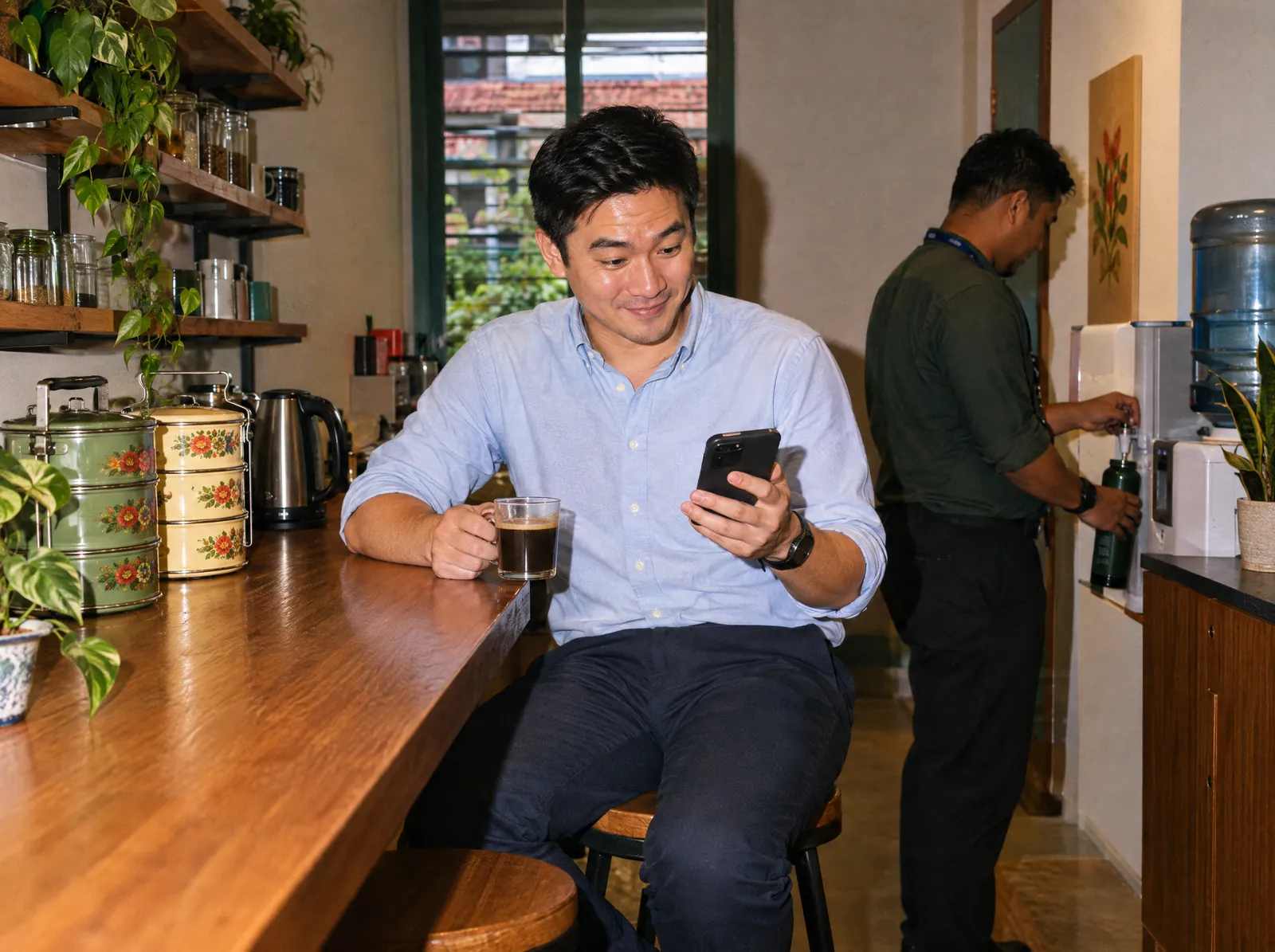 A founder checking his phone over a kopi at the office pantry counter while a colleague fills a water bottle