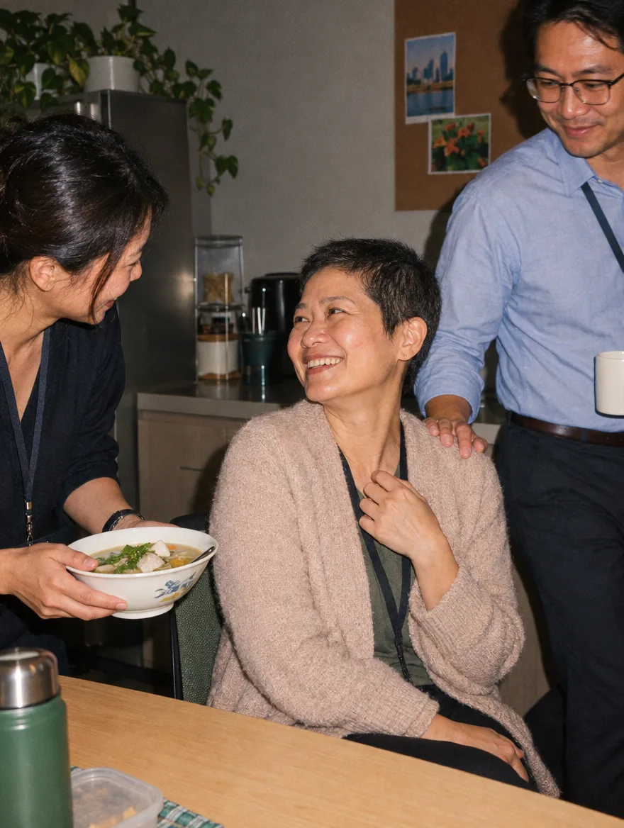 A colleague bringing a bowl of soup to a teammate back at work after treatment, another colleague’s hand on her shoulder