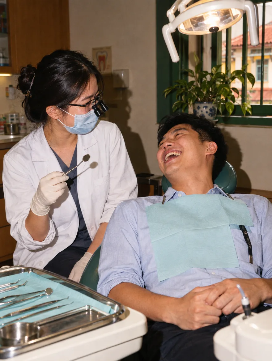 An employee laughing in the dental chair during a lunchtime check-up as his dentist holds a mouth mirror