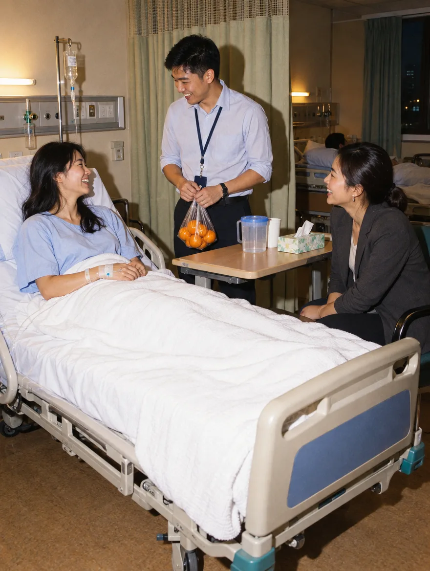 Two colleagues visiting a teammate in a four-bed hospital ward after work, one holding a bag of oranges