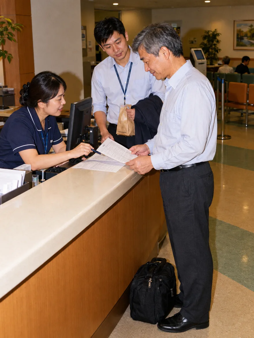 An employee reading his itemised hospital bill at the billing counter as the billing officer explains a line, a colleague beside him holding his jacket