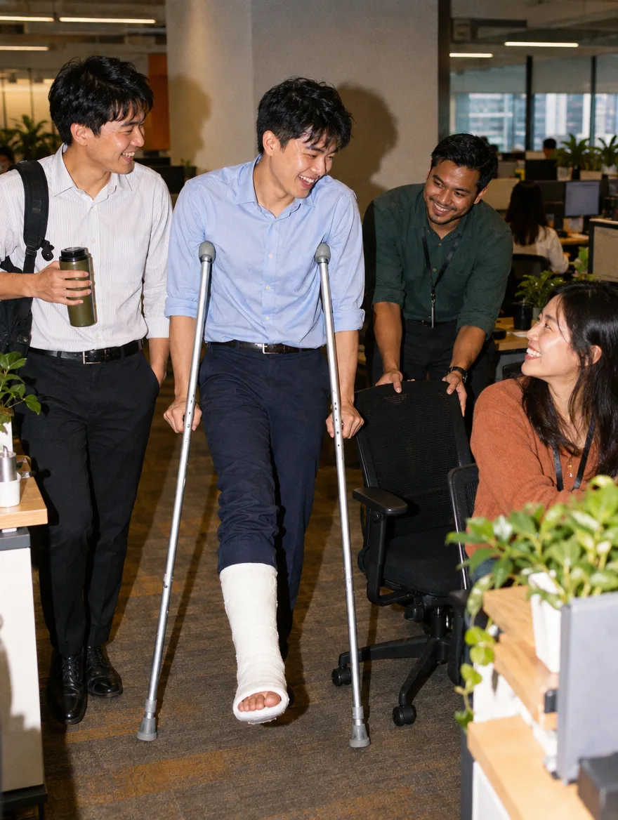 An employee arriving at the office on crutches with his ankle in a cast, colleagues carrying his bag and wheeling over a chair