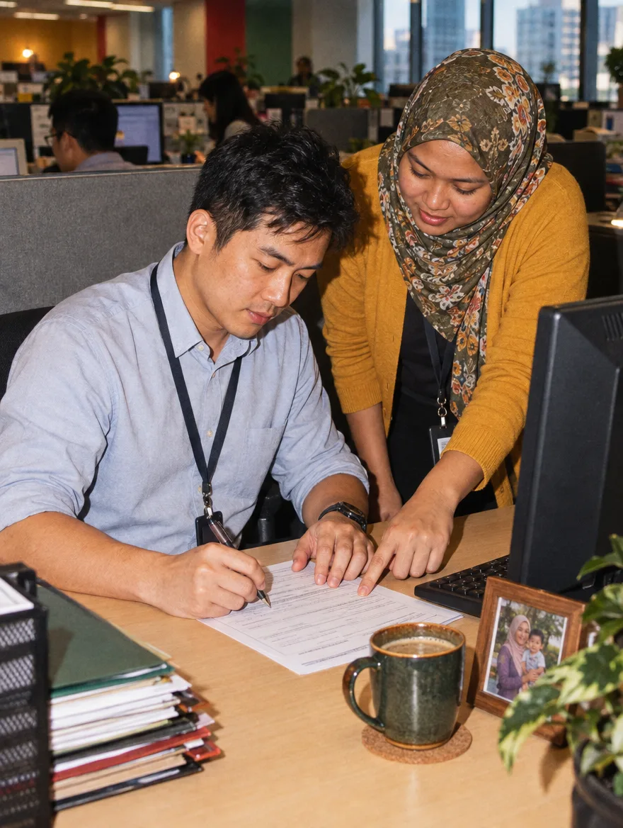 An HR executive pointing to where an employee signs his benefits form at his desk, a family photo by his monitor