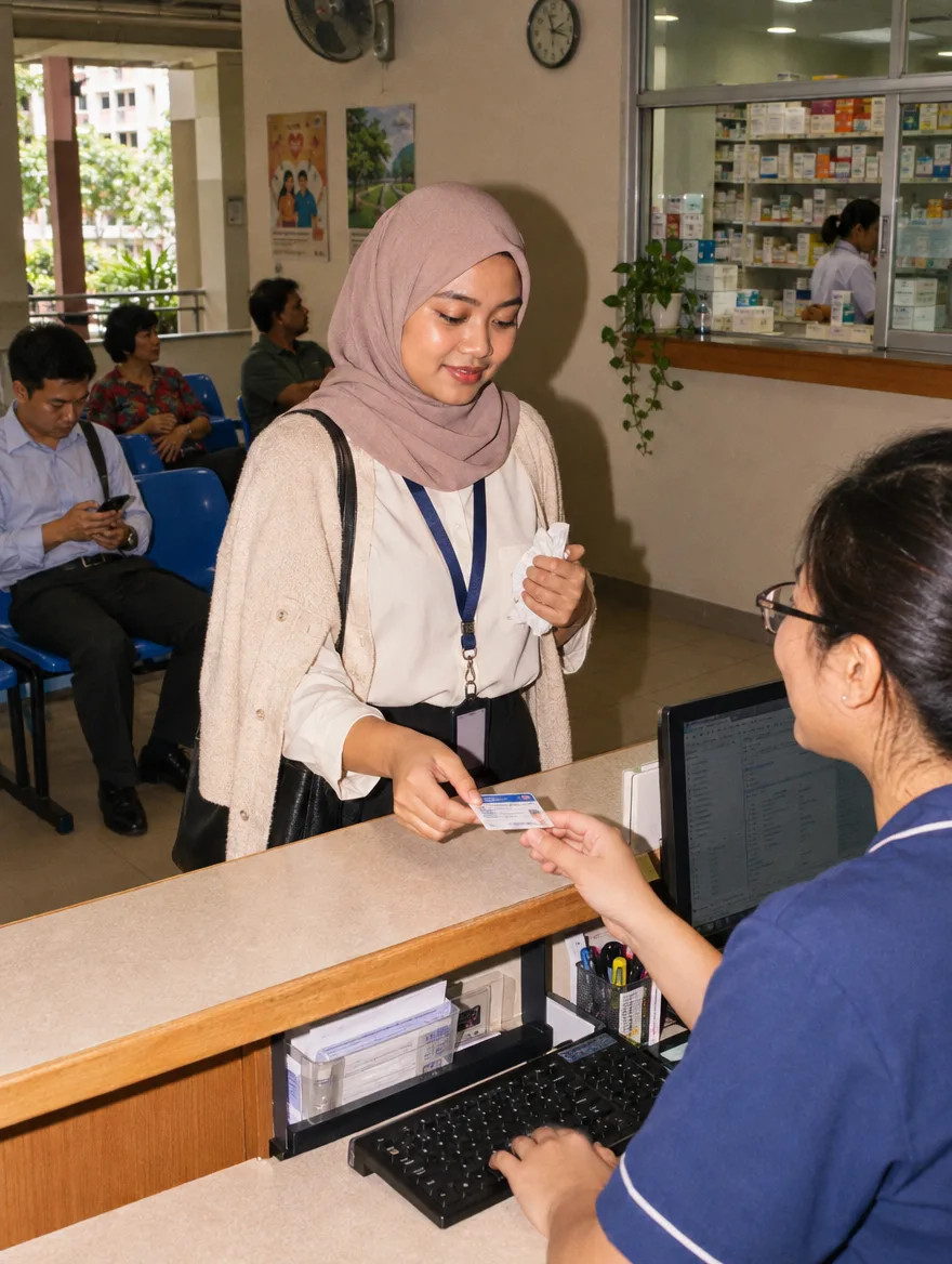 An employee handing her company medical card to the assistant at a neighbourhood GP clinic, patients waiting behind her